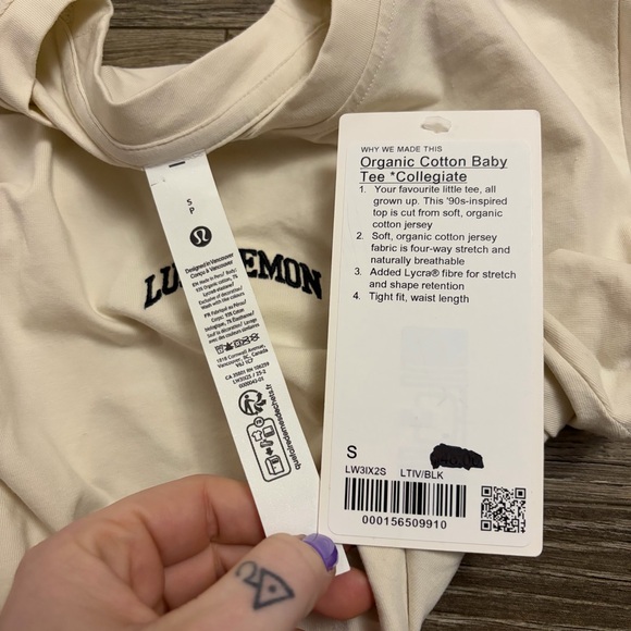 NWT Lululemon Organic Cotton Baby Tee *Collegiate (Light Ivory/Black) Size S - Picture 3 of 5